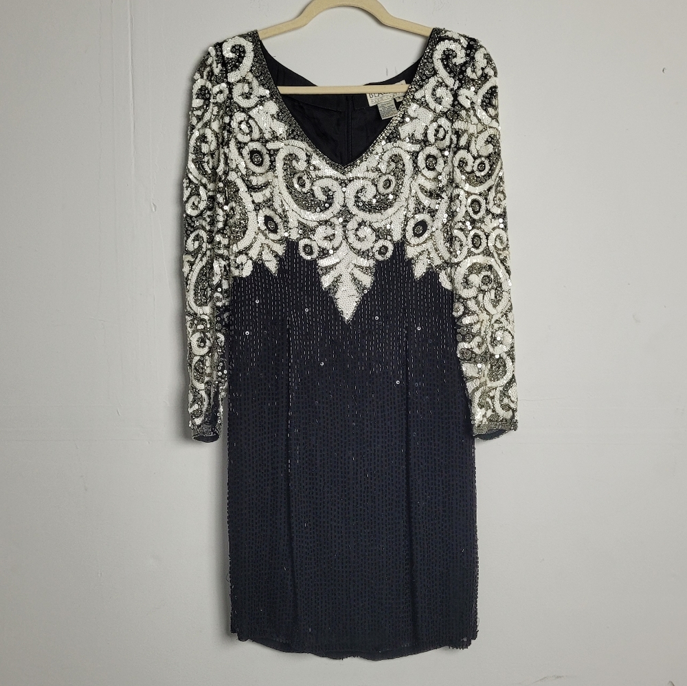 Oleg Cassini Vintage Silk Beaded Sequin Dress Flapper Black Tie